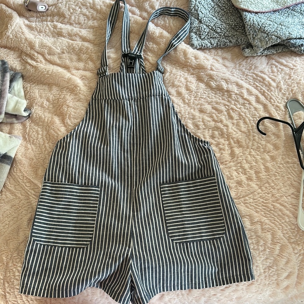striped linen overalls / romper